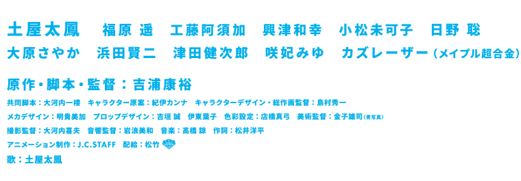 土屋太鳳　 福原 遥　工藤阿須加　興津和幸　小松未可子　日野 聡　大原さやか　浜田賢二　津田健次郎　咲妃みゆ　カズレーザー（メイプル超合金）　原作・脚本・監督：吉浦康裕　共同脚本：大河内一楼　　キャラクター原案：紀伊カンナ　　キャラクターデザイン・総作画監督：島村秀一　メカデザイン：明貴美加　プロップデザイン：吉垣 誠　伊東葉子　　色彩設定：店橋真弓　　美術監督：金子雄司〈青写真〉　撮影監督：大河内喜夫　　音響監督：岩浪美和　　音楽：高橋 諒　　作詞：松井洋平
アニメーション制作：J.C.STAFF　　配給：松竹　歌：土屋太鳳